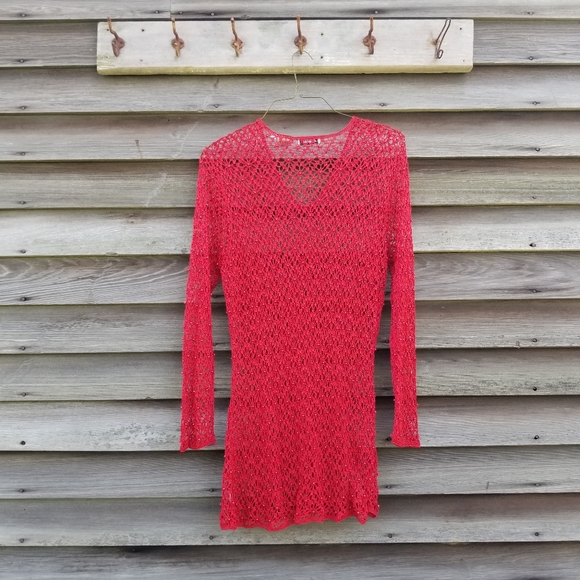 VTG 80s Red Crochet Long Sleeve Mini Dress - Picture 3 of 6